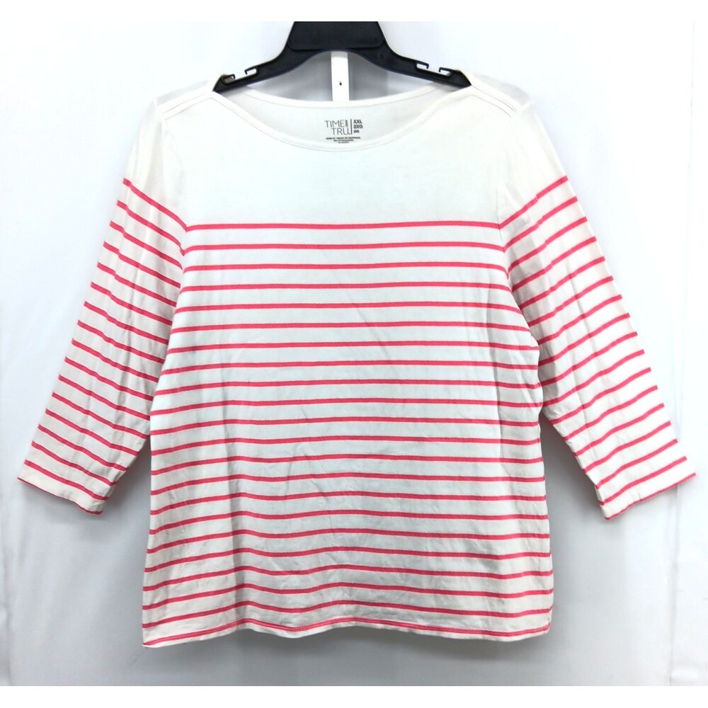 Time and Tru Shirt Women Size 2XL White Pink Striped 3/4 Sleeve Boat Neck Top